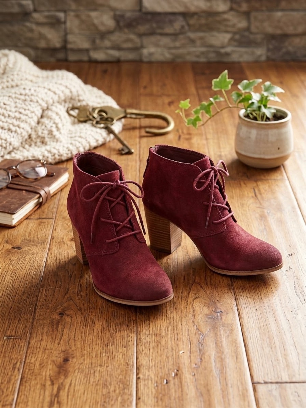 Toms Lunata Lace-up Oxblood Burnished Suede High Heel Ankle Boots